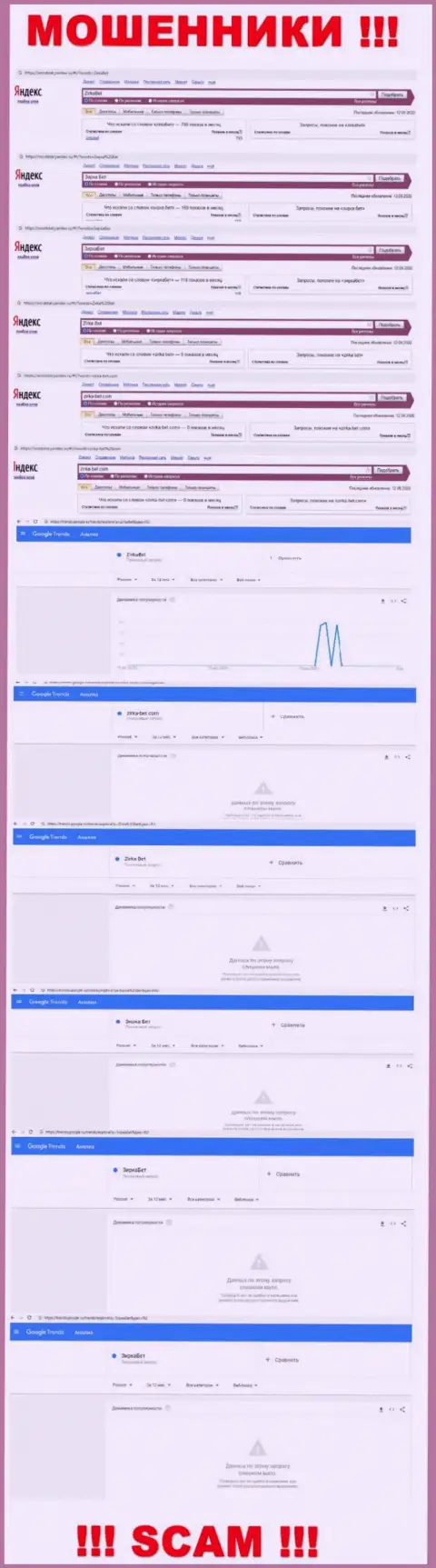 Количество поисковых запросов по аферистам Зирка Бет во всемирной интернет сети