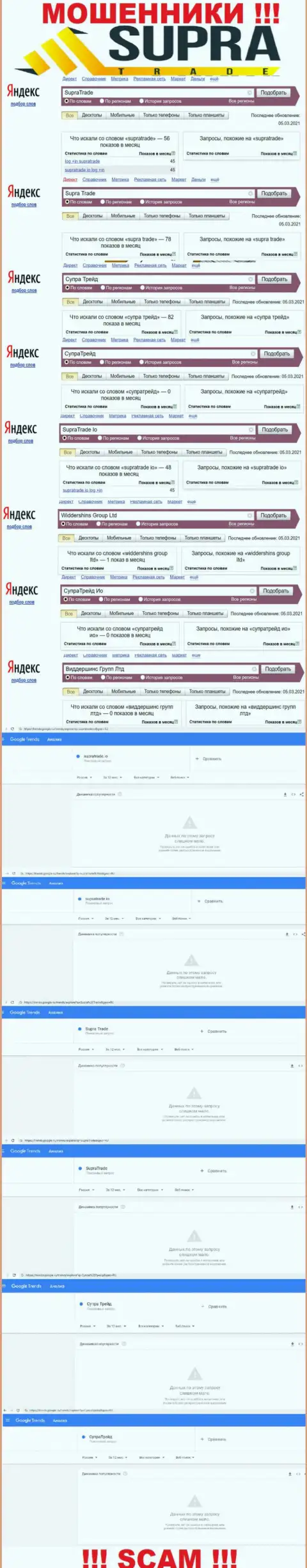 Онлайн запросы по бренду мошенников Supra Trade в поисковиках интернета