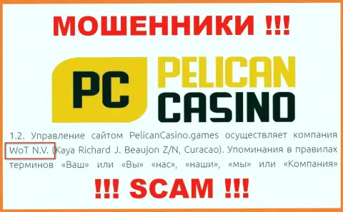 Юридическое лицо организации PelicanCasino Games - это WoT N.V.