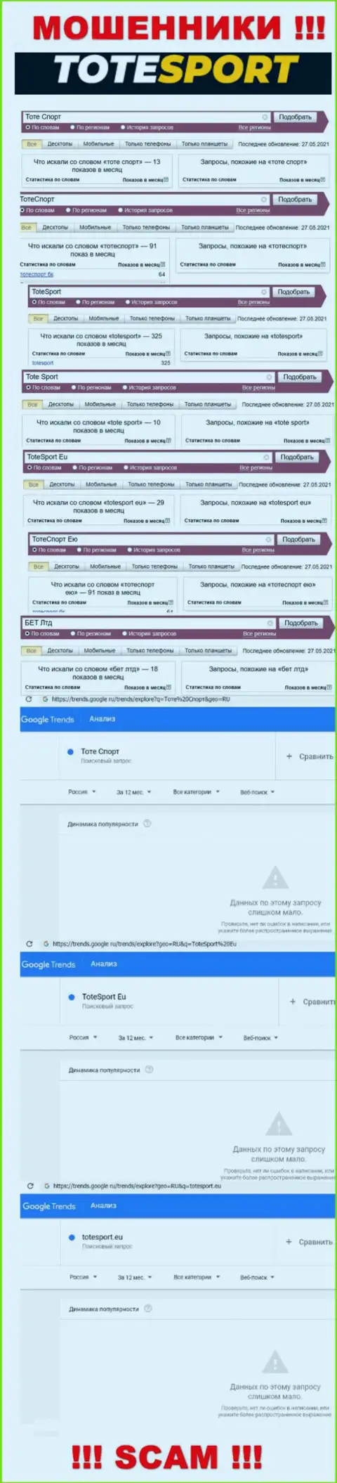 Статистические сведения о online запросах по бренду мошенников ToteSport