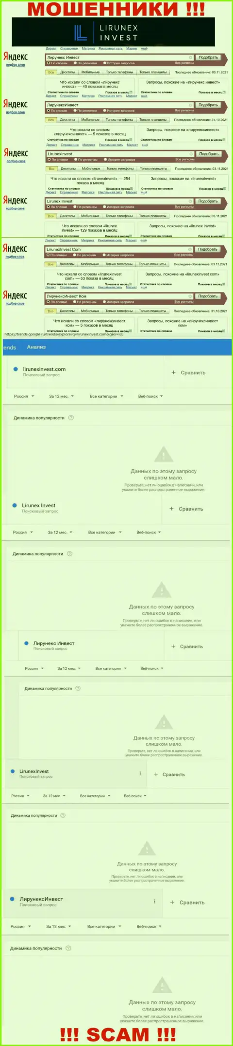 Статистика по брендовым запросам по лохотронщикам ЛирунексИнвест Ком в интернет сети