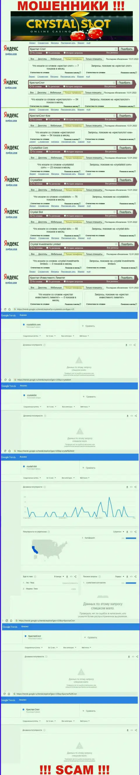 Количество онлайн запросов в поисковиках сети по бренду мошенников CrystalSlot