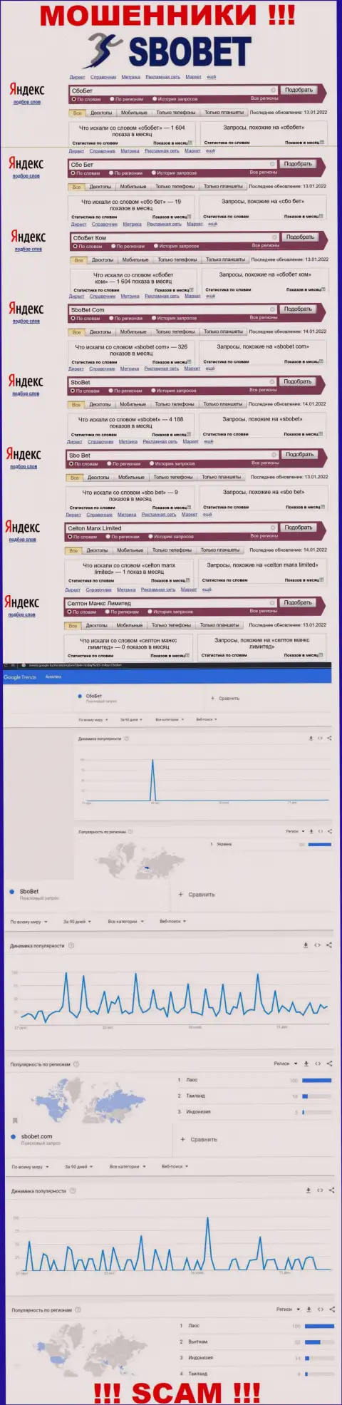 Статистические данные запросов по бренду мошенников СбоБет