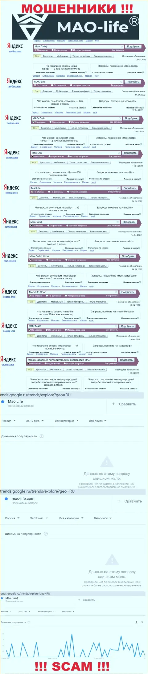 Показатели запросов по бренду мошенников Mao Life