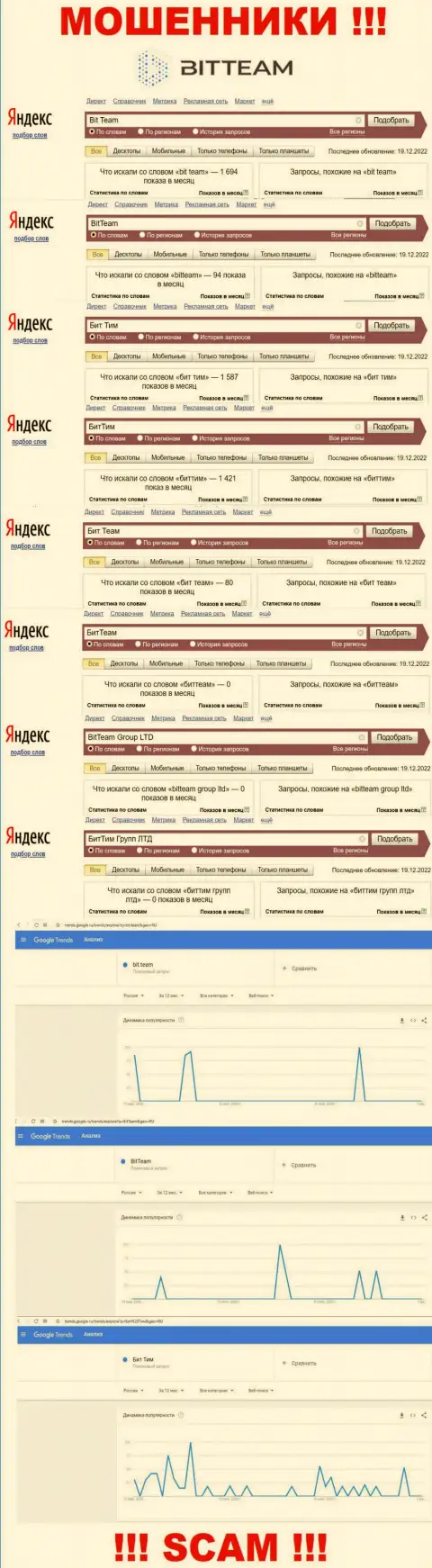 Количество online запросов во всемирной сети интернет по бренду лохотронщиков БитТим