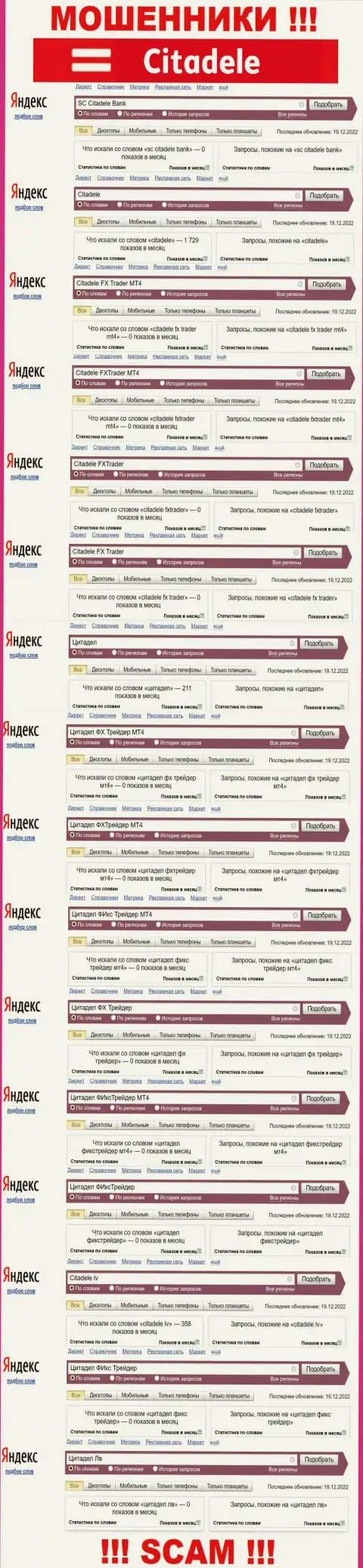 Информация по online запросам преступно действующей компании Citadele в поисковиках